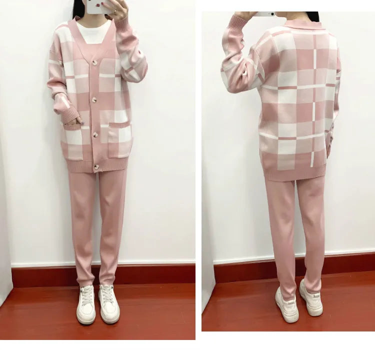 Autumn Winter Women's Plaid Knit Tracksuit Set with Cardigan Sweater Coat, Short Sleeved Top, and Solid Harem Pants