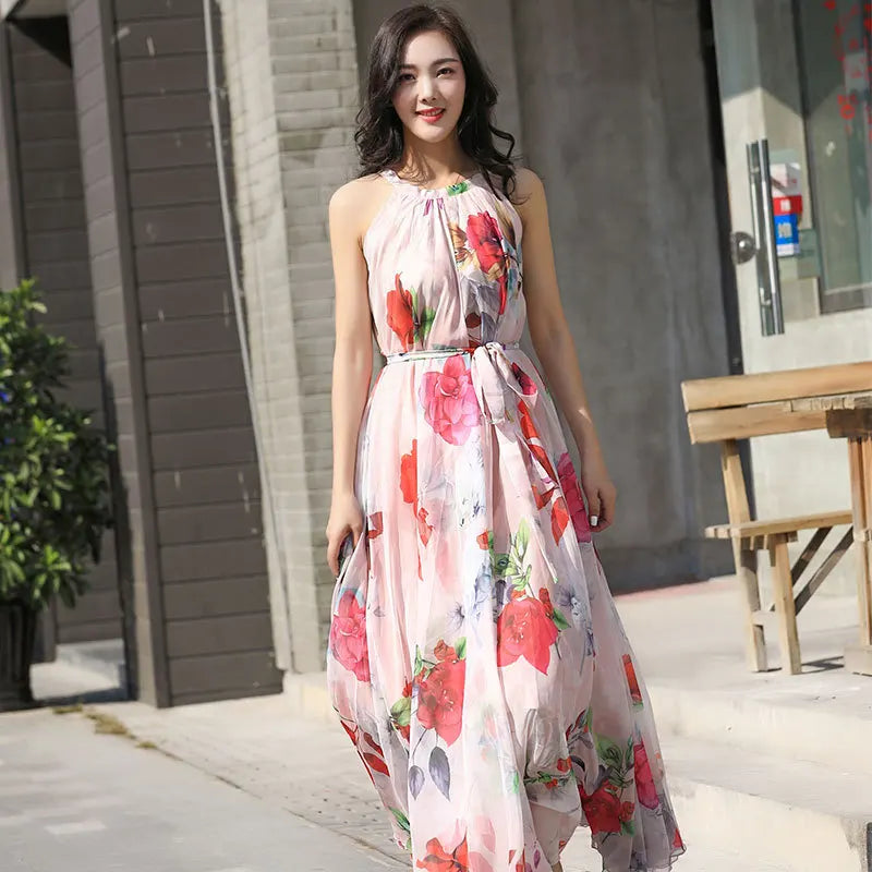 Floral Boho Backless Maxi Dress Women Beach Sundress