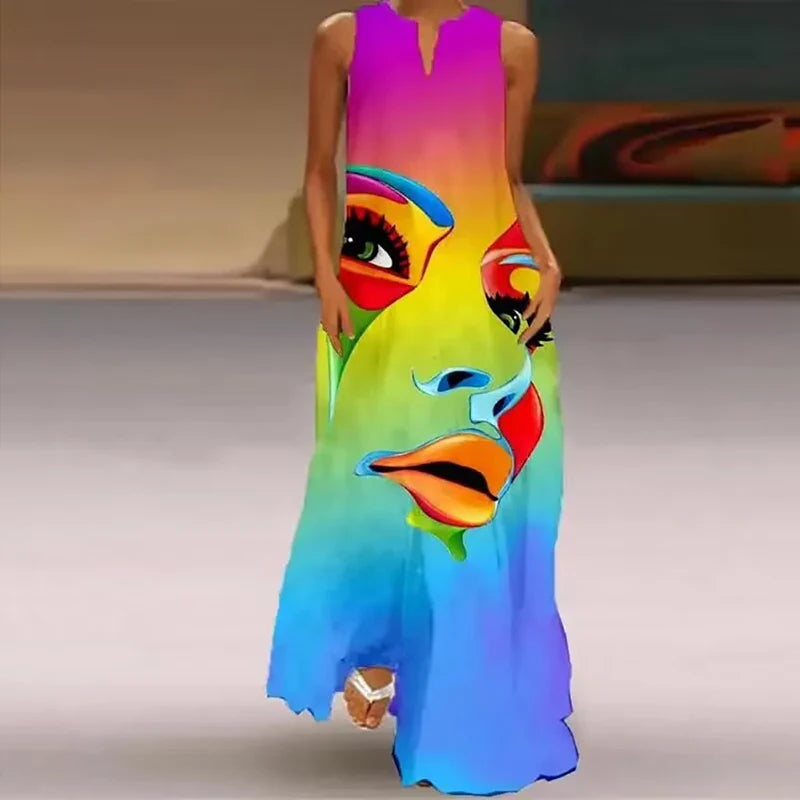 V Neck Sleeveless Printed Maxi Dress For Women Summer Style