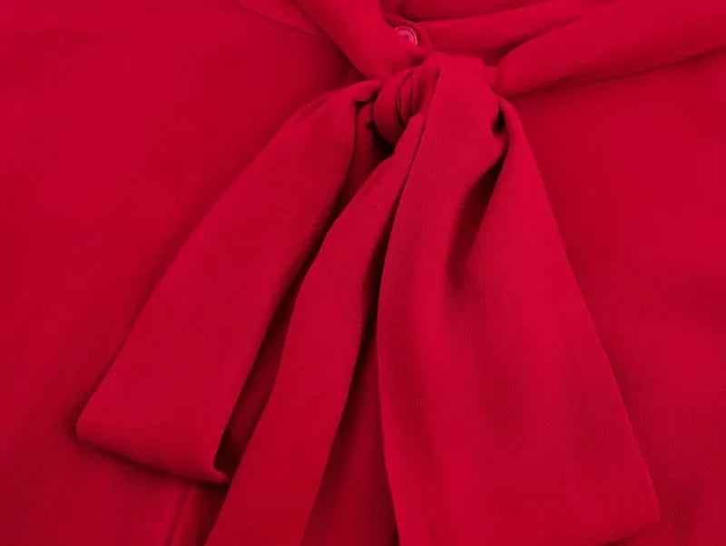 Red Bow Pleated Semi Sheer Womens Blouse Chic Button Up Shirt Elegant Spring Top for Women