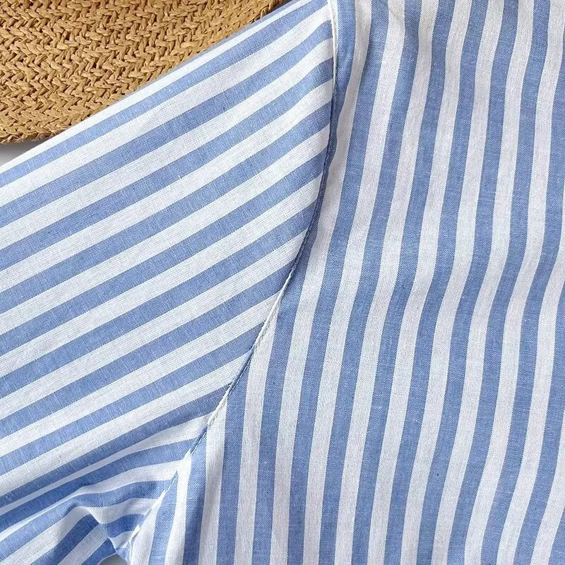 Women's Blue Pure Linen Striped Shirt Comfortable Casual Commuting Top Spring Autumn Lightweight Blouse
