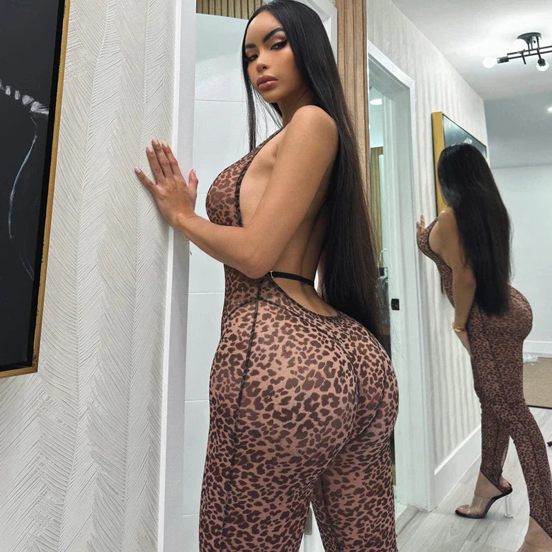 Leopard Print Halter Backless Slip Sexy Bodycon Jumpsuit Casual Streetwear Festival Romper for Women