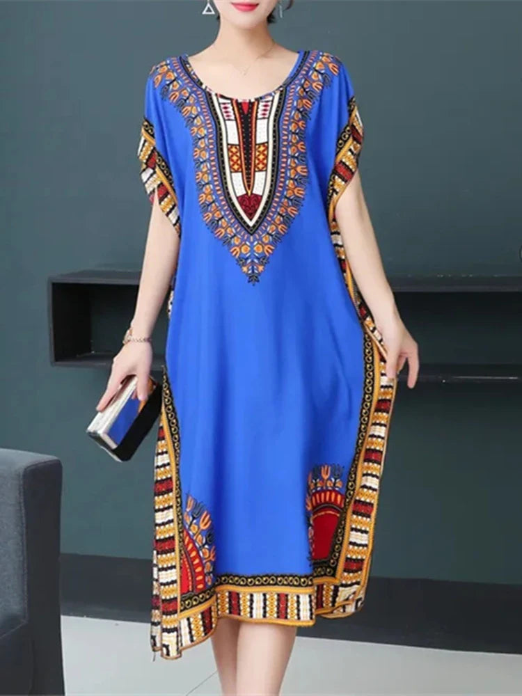 Retro Ethnic Print Batwing Sleeves Dress With High Slit