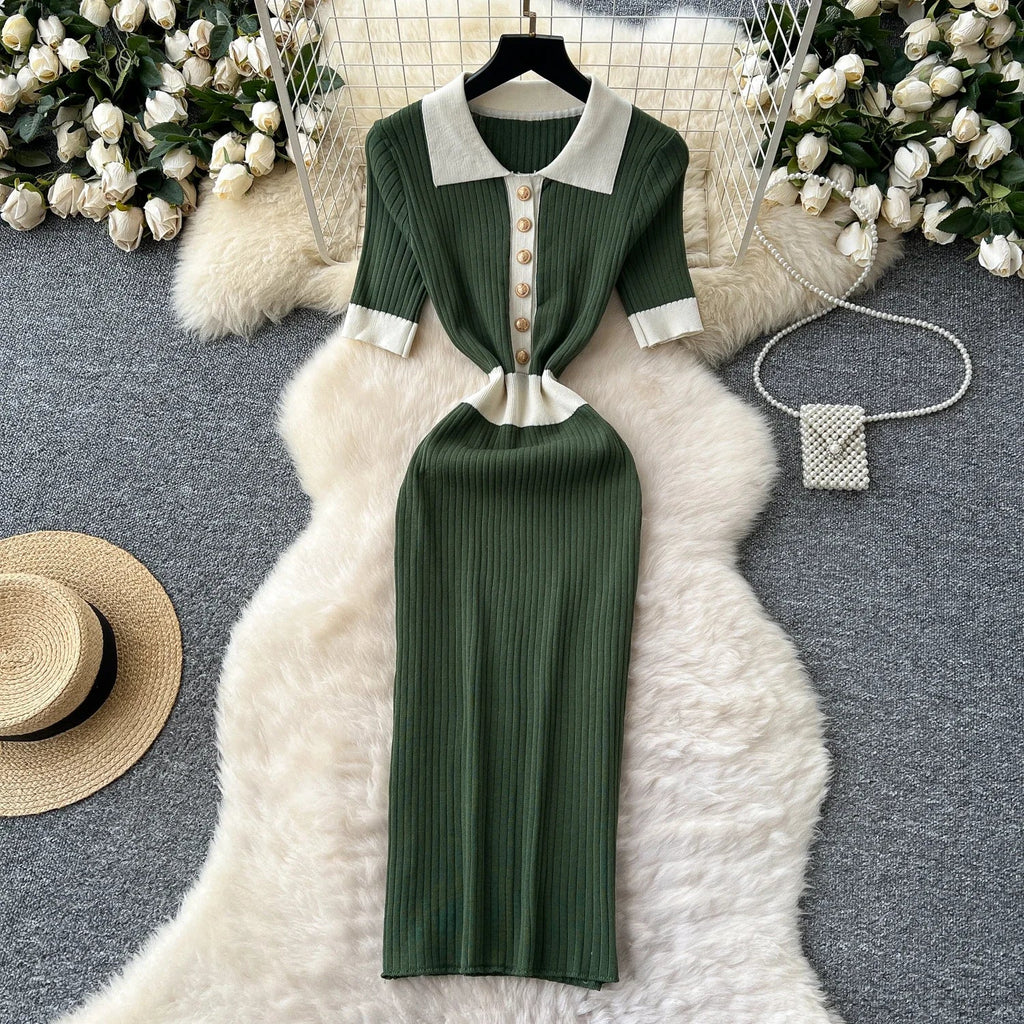 Patchwork Knitted Polo Collar Dress For Women Spring Summer