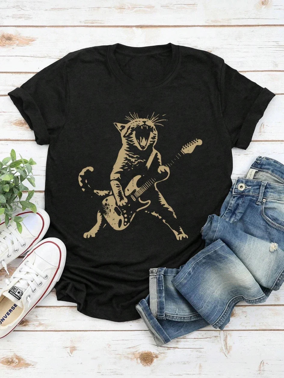 Cat Playing Guitar T-Shirt Women Summer Casual Short Sleeve Oversized Soft Tee