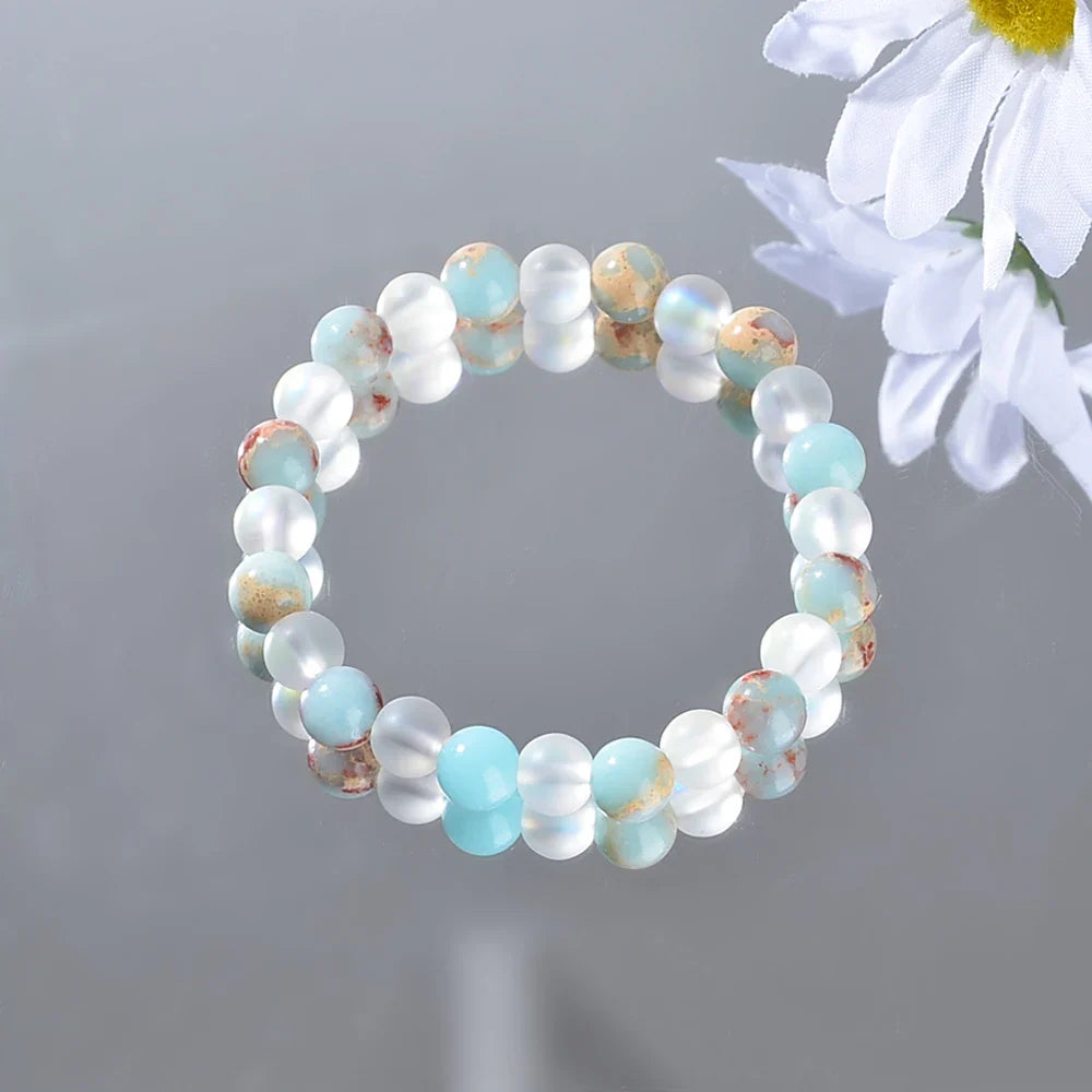 Aura Quartz and Ocean Sediment Beaded Bracelet for Abundance and Prosperity - Unisex Homeopathic Crystal Jewelry