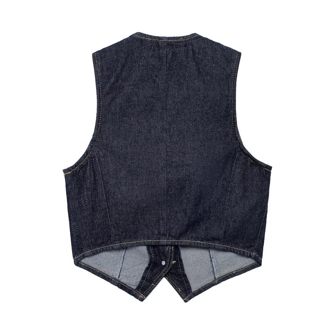 Denim V-Neck Collarless Vest Outfit with Long Pants for Women in Autumn