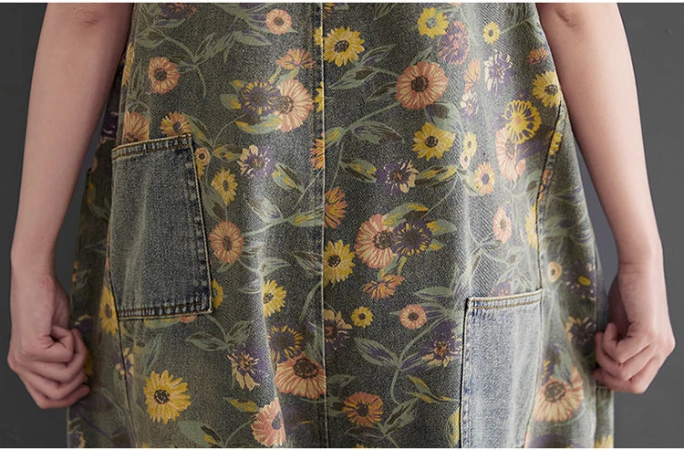 Casual Oversized Floral Print Denim Overalls for Women Loose Wide Leg Mom Jeans Romper Jumpsuit with Cargo Straps Baggy Pants