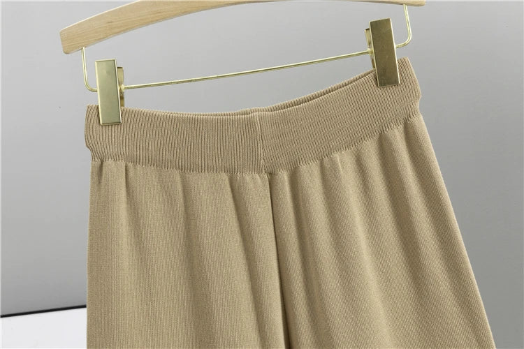 Knitted 3 Piece Set for Women with Stripe Shawl, Half High Neck Full Sleeve Top, and Wide Leg Trousers Stylish Fashion Suit