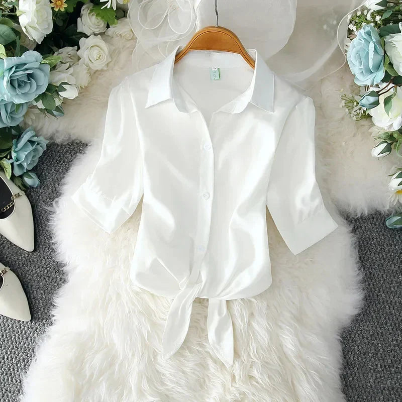 Women's White Button-Up Shirt with Tied Waist Elegant Solid Blouse Tunic Top Summer Casual Office Wear