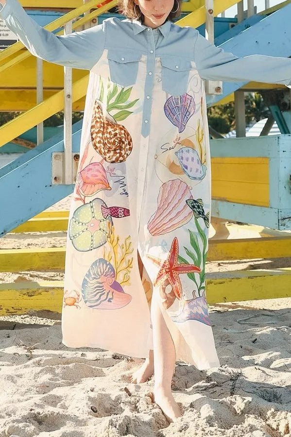 Personality Printed Long Sleeve Single Breasted Shirt with Lapel Collar and Skirt Set for Women