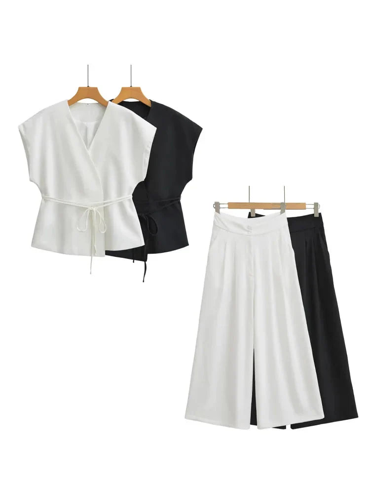 Summer Women's Casual Two-Piece Suit with Lace-Up Tank Top and Pleated Loose Trousers