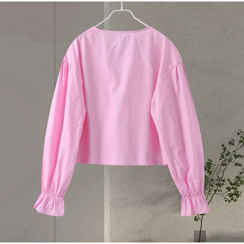 Elegant Solid Lace-Up V-Neck Blouse for Women with Lantern Sleeves and Hollow Out Detail Loose Fit Chic Female Shirt