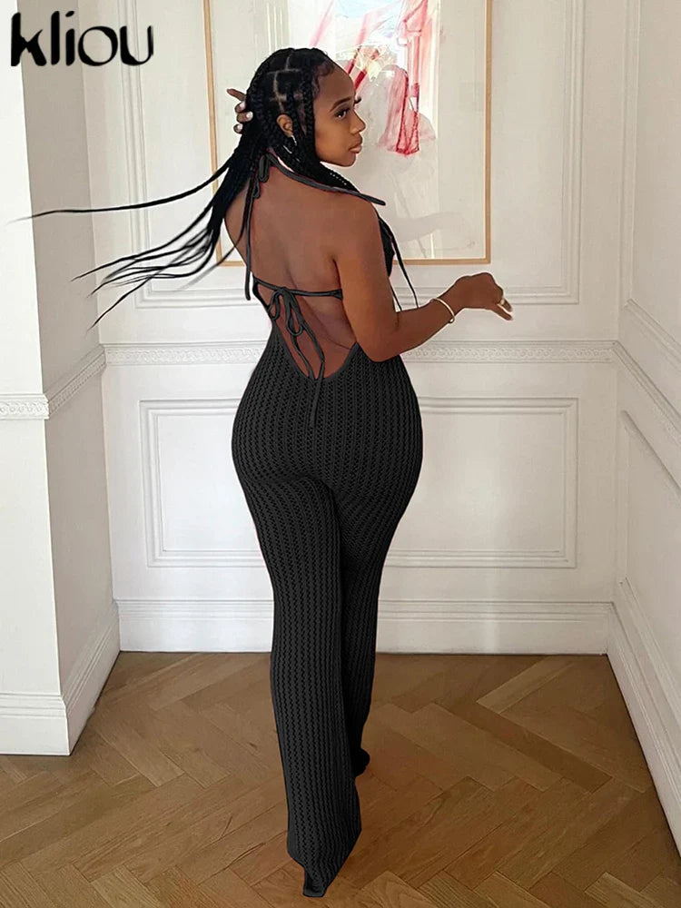 Knitted Floral Women Jumpsuit Sexy Pleated Halter Neck Bandage Low Back Skinny Overalls Trendy Solid Streetwear