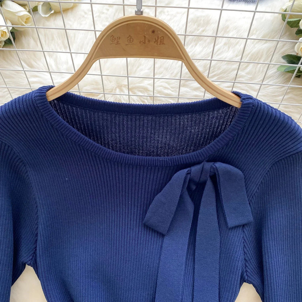 Knitted Short Dress With O Neck Bow Bodycon Chic Style