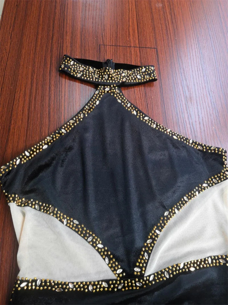 Sexy Halter Rhinestone Mesh See Through Maxi Party Dress