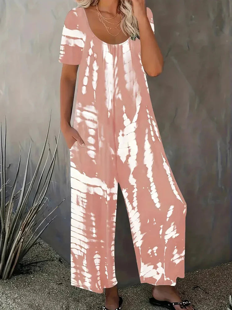 Plus Size Women Summer Jumpsuit Allover Print Wide Leg Short Sleeve Round Neck Relaxed Fit with Pockets Comfortable Casual Outfit