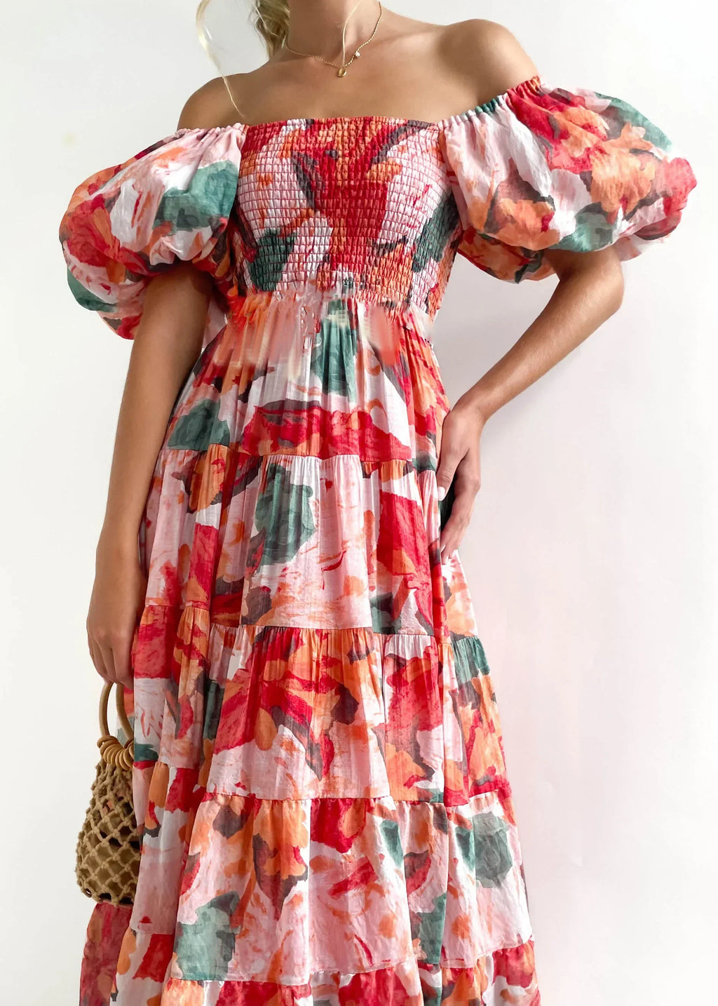 One Shoulder Summer Dress With Square Neck Lantern Sleeves