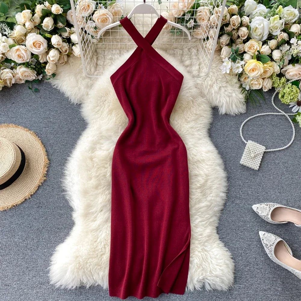 Elegant Solid Backless V Neck Knit Bodycon Dress For Women