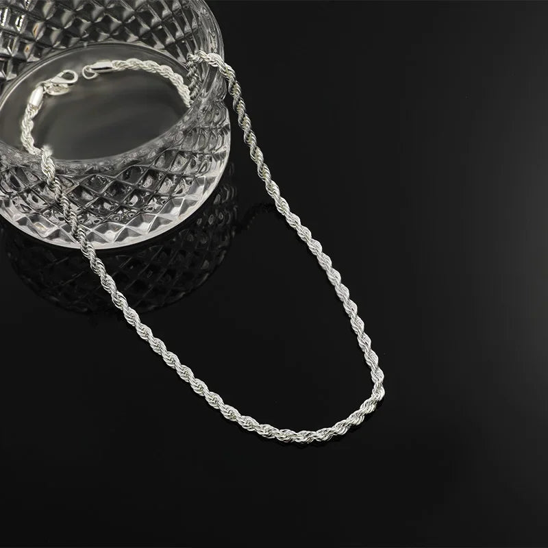 925 Sterling Silver Twisted Rope Chain Necklace and Bracelet Set for Men and Women High Quality Jewelry