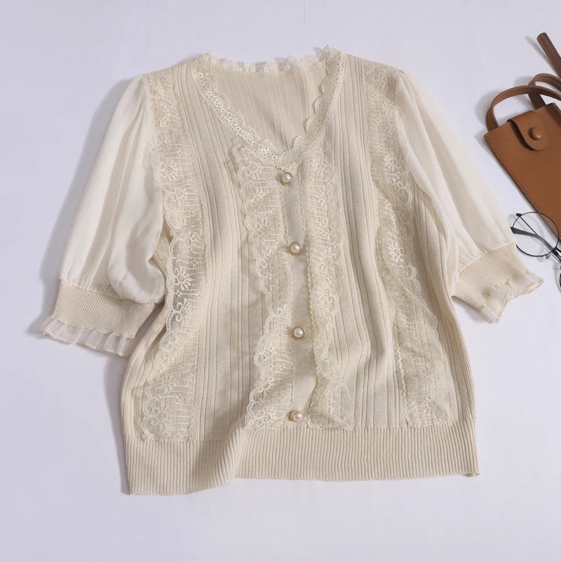 Women's Spring Summer Chiffon Short Sleeve Top Vintage V Neck Lace Trim Pearl Button Blouse Ribbed Elastic Waist Pleated Casual Office Shirt