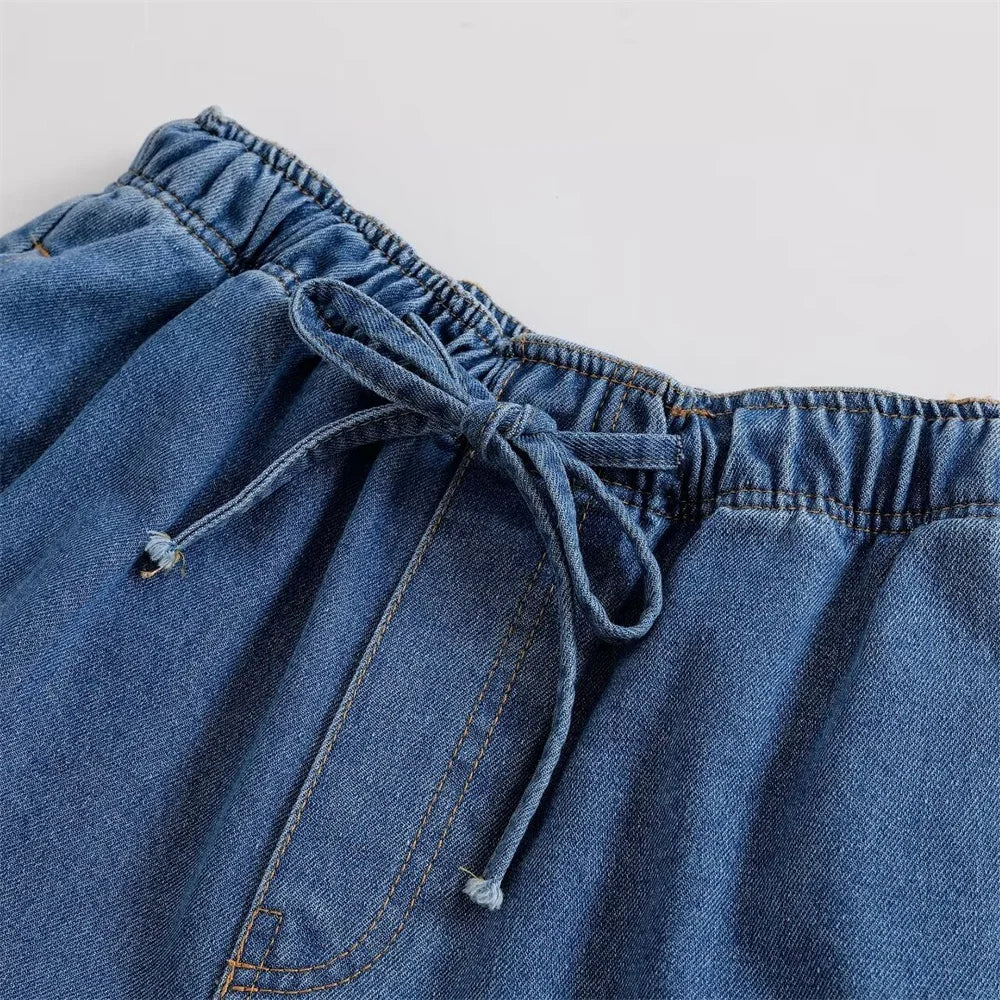 Solid Color V-Neck Loose Denim Pullover Top and High Waist Trousers Set for Women