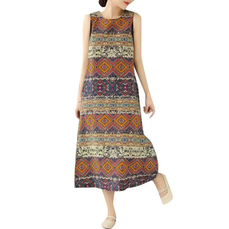 Bohemian Floral Print Sleeveless Midi Dress For Summer