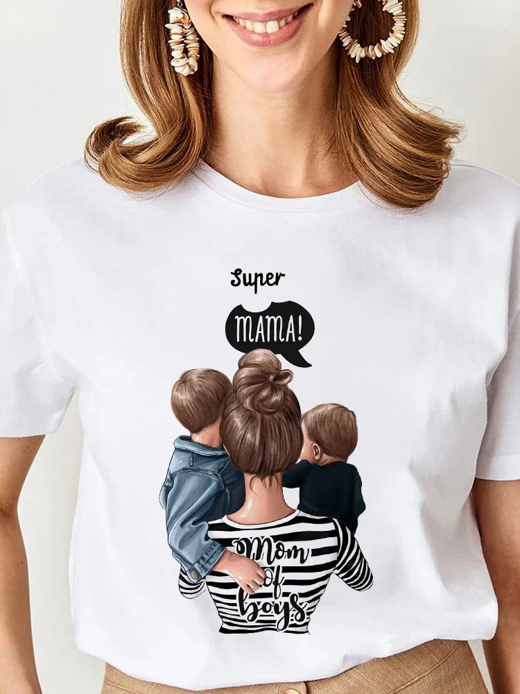 Women Cartoon Super Mom Life Graphic T-Shirt Summer Print Tee for Moms
