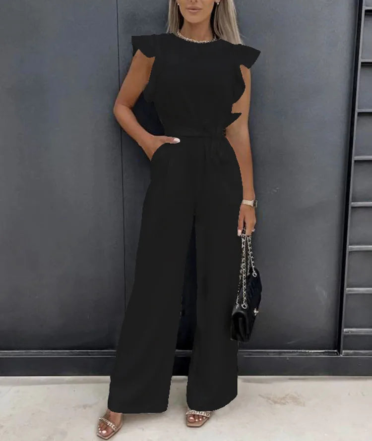 Elegant Lace Up High Waist Jumpsuit for Women with Straight Leg and Ruffle Edge Sleeves in Solid Color