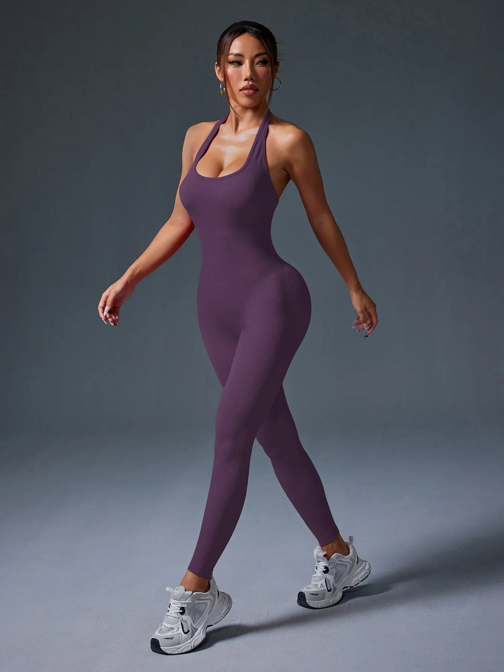 Women's Purple Ribbed Backless Hanging Neck Yoga Jumpsuit Tailored Fit for Body Contouring and Comfort