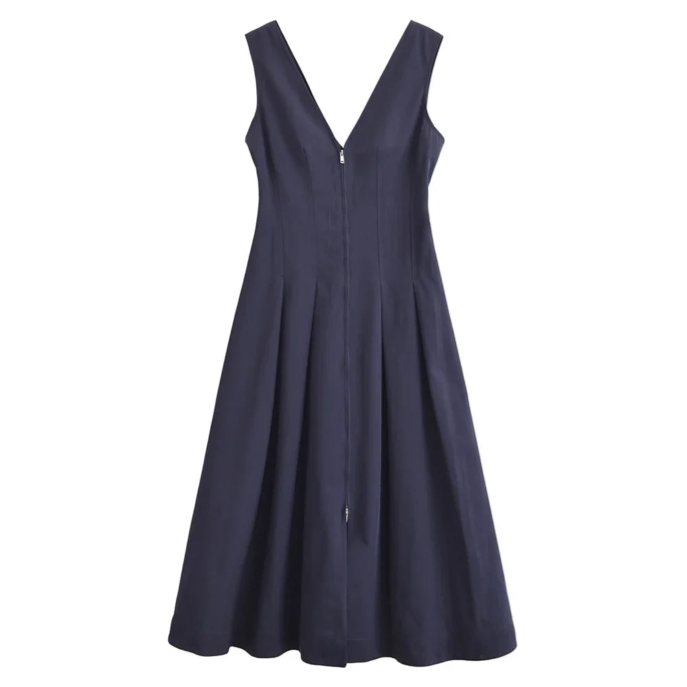 Zipper V Neck Midi Dress For Women Solid Color Casual Wear