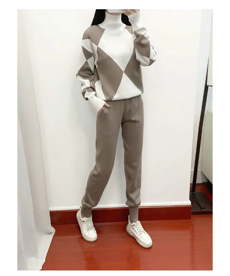 Women's Thick Soft Knitted Sweater and Long Pant Set Casual 2PCS Track Suit for Autumn and Winter