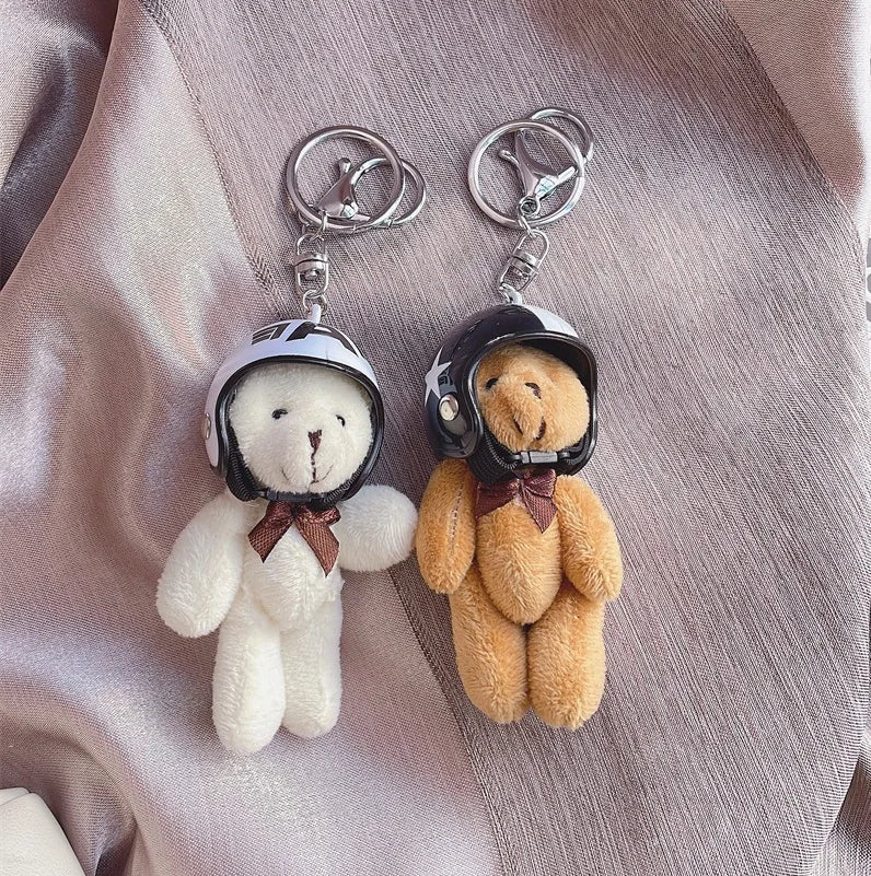 Helmeted Bear Charm Keychain Plush Ornament for Bags and Backpacks