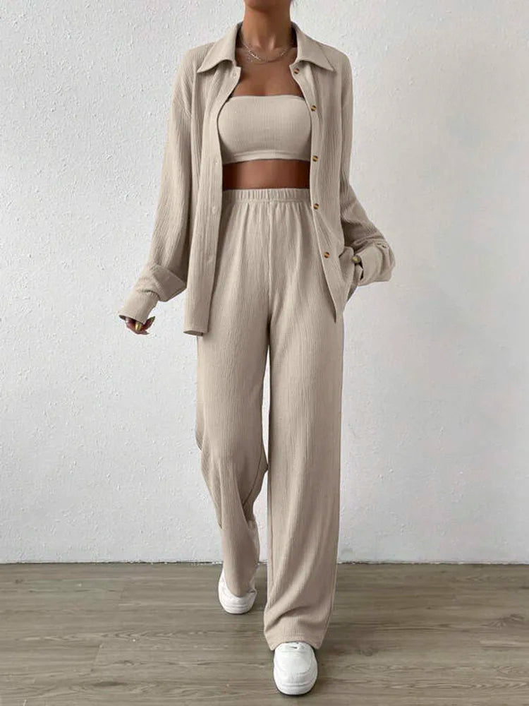 Autumn Women's Casual 2 Piece Outfit Long Sleeve Button Blouse and Wide Leg Loose Pants Loungewear Set