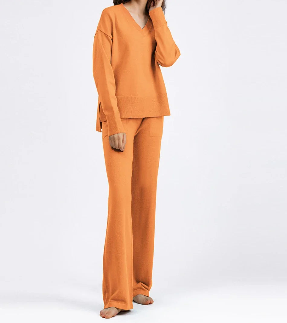 Casual Women's Sweater Pullover Knit Two-Piece Set with Loose Pants for Autumn and Winter