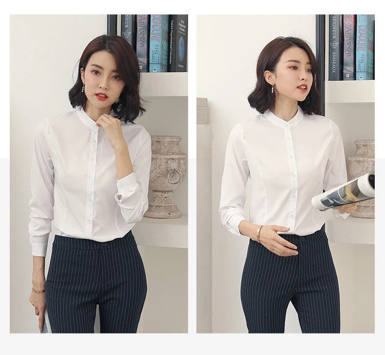 Women's Long Sleeve White Basic Shirt Blouse Stand Neck Tunic Button Up Office Work Top All Season