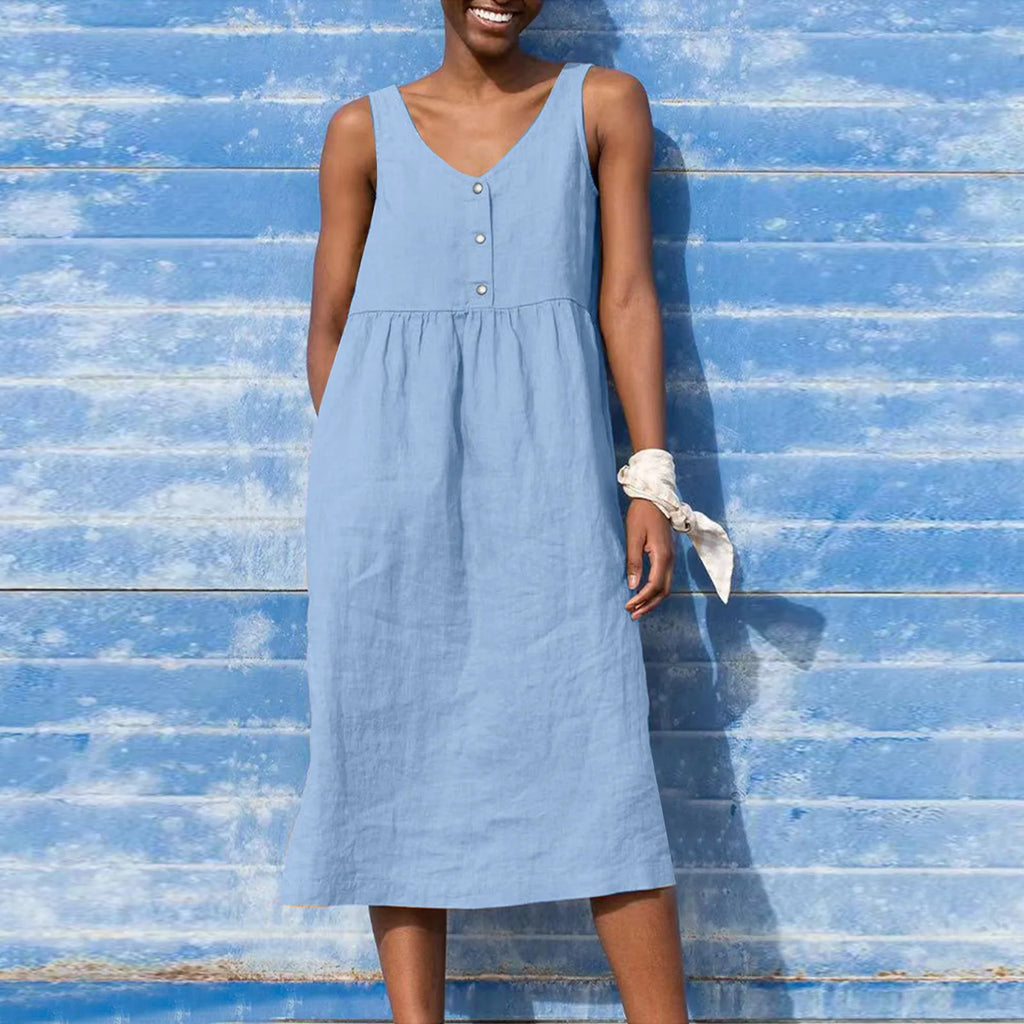 Boho Cotton Linen Sleeveless Dress For Women Summer Holiday