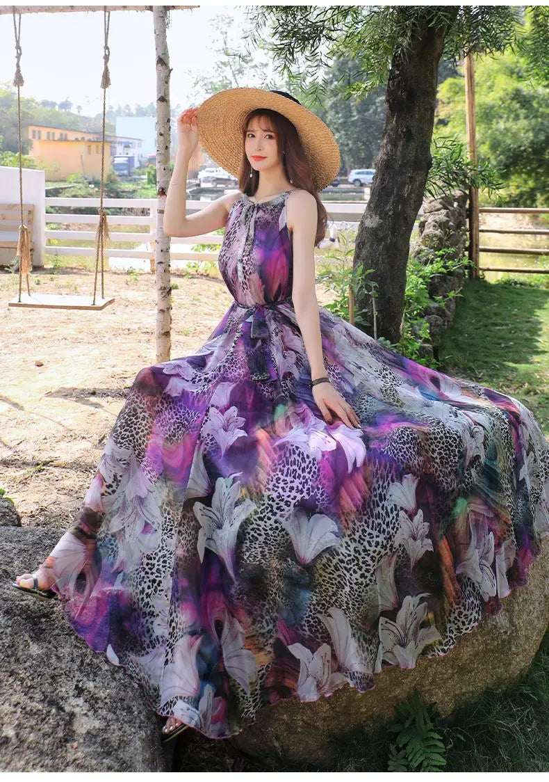 Floral Boho Backless Maxi Dress Women Beach Sundress