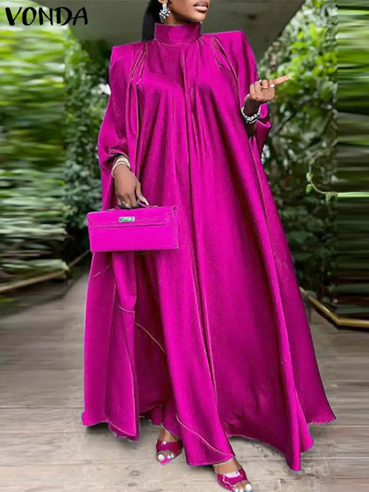Satin Pleated Evening Dress With Stand Collar Long Sleeve