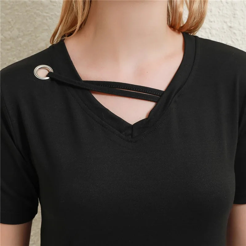 Casual Women V-Neck Loose White T-Shirt Summer Short Sleeve Polyester Top