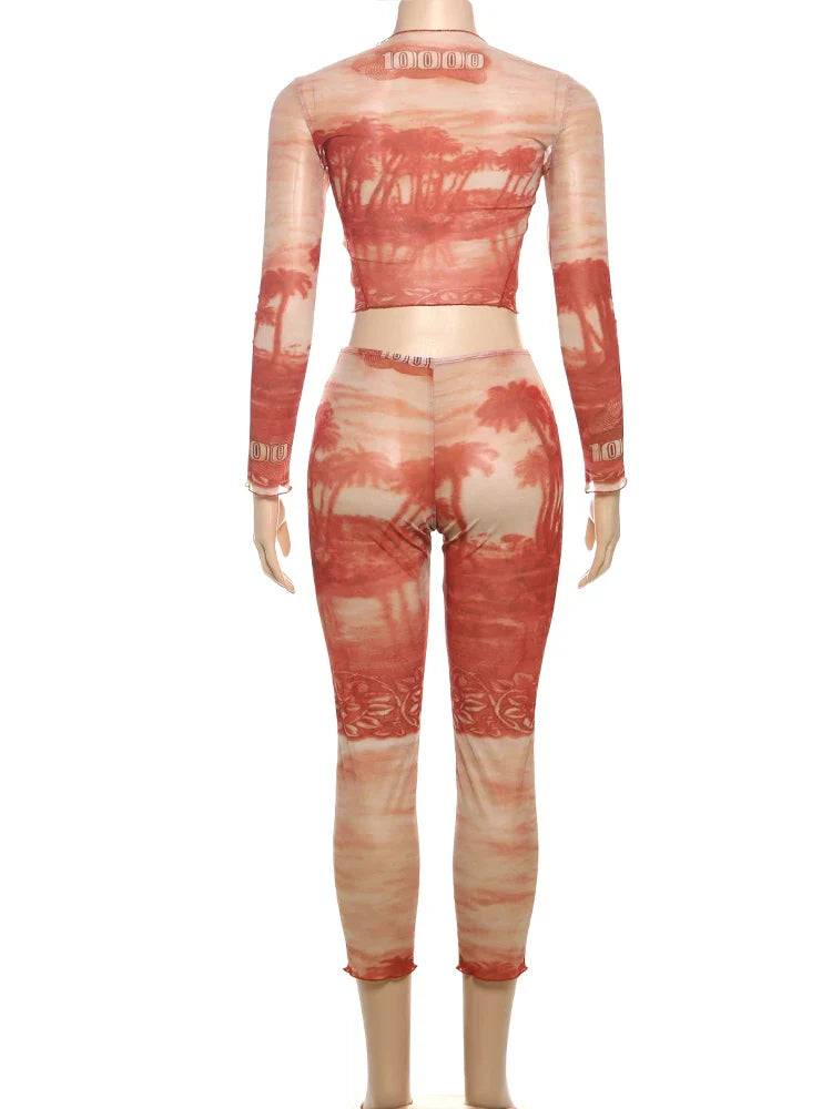 See Through Women 2 Piece Set Sexy Print Crop Top and Leggings Matching Summer Outfit