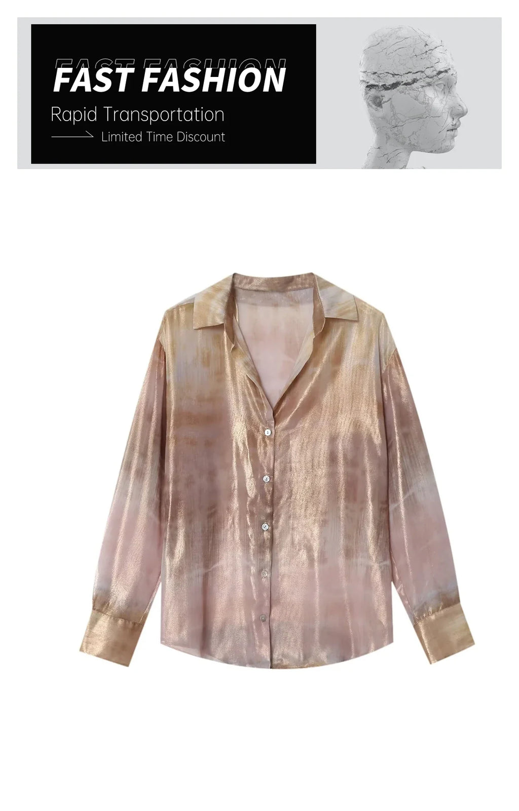 Casual Women's Long Sleeve Collar Shirt with Metal Foil Tie Dye Print Slimming Fashion Top