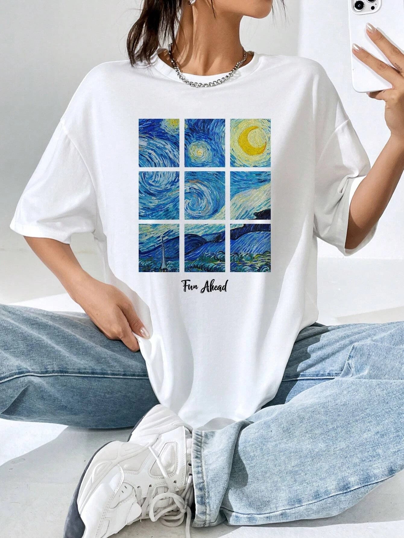 Romantic Starry Sky Summer T-Shirt for Women Comfy Cotton Casual Loose Fit Short Sleeve Top