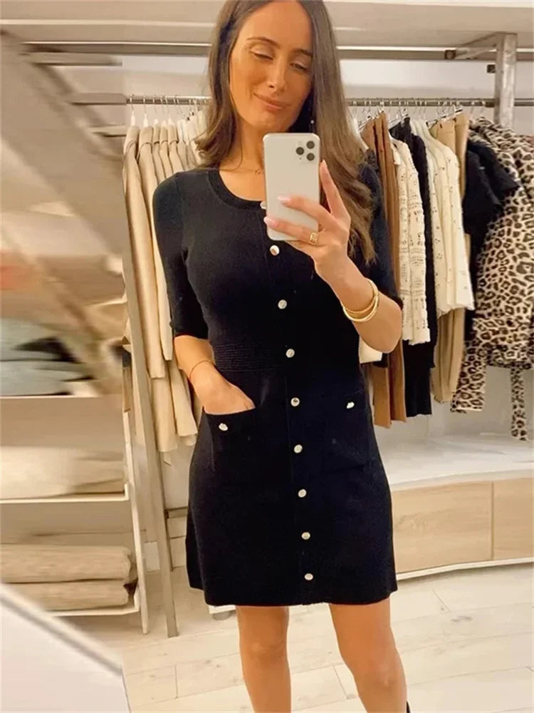 Ribbed Pocket Knit Dress For Women High Waist Mini Chic
