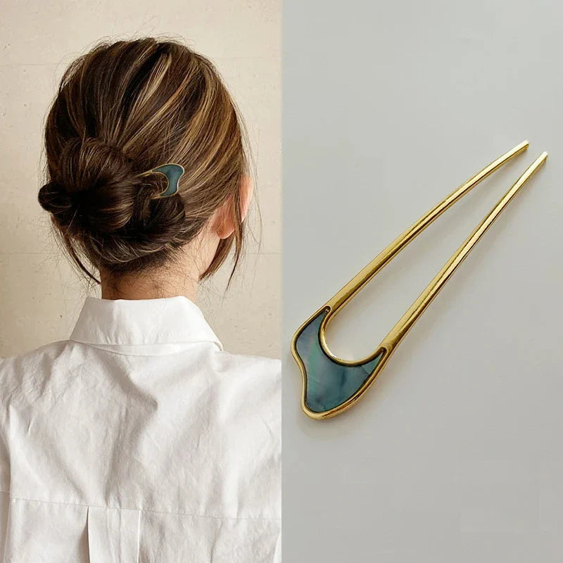 Elegant U Shape Hair Stick for Women in Silver and Gold Color with Shell Enamel Design