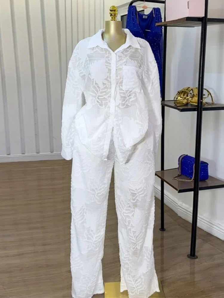 Women's Summer Pant Sets with Turned-down Collar Long-sleeve Shirt and High-waist Straight-leg Pants Two-piece Outfit