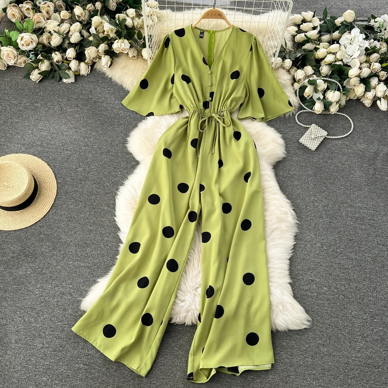 Women Wide Leg Polka Dot Jumpsuit with V Neck Dolman Sleeves and Slim Waist Design