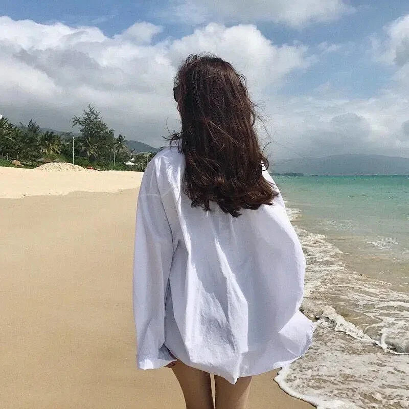 Oversized Long Sleeve White Shirt Women Minimalist Button Up Blouse Turn-Down Collar Casual Cardigan Top