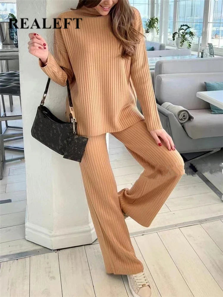 Autumn Winter Women's Knitted Tracksuit Set with Half Turtleneck Sweater and Wide Leg Jogging Pants