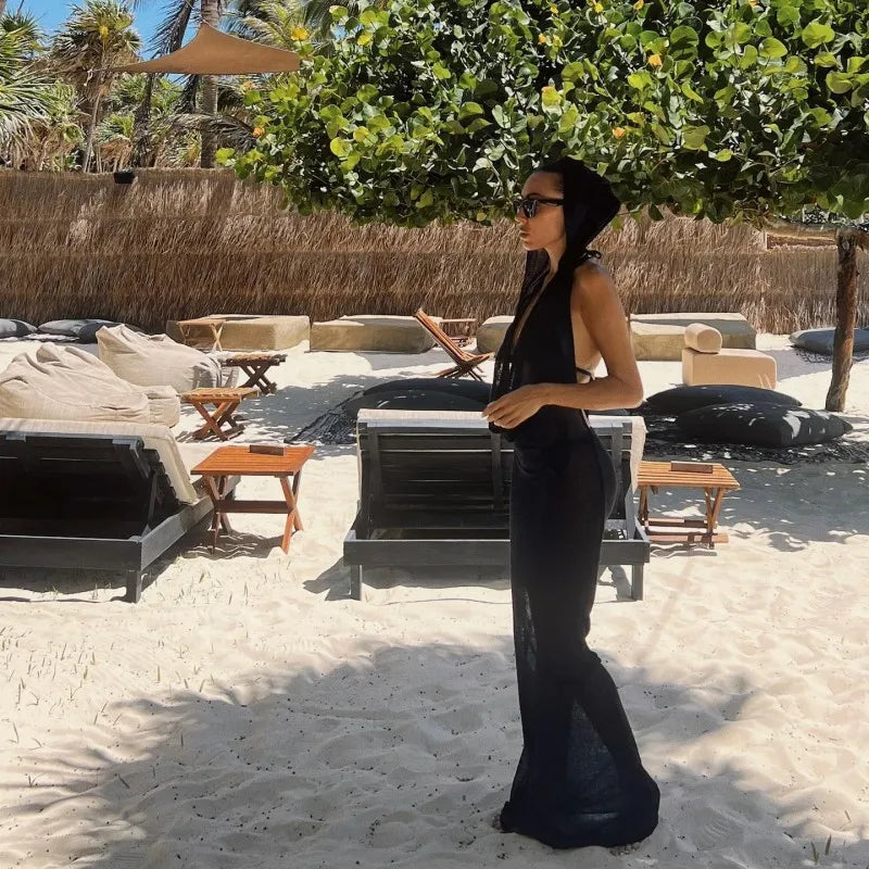 Sleeveless Hooded Dress Slimming Swing Neck Solid Color Long